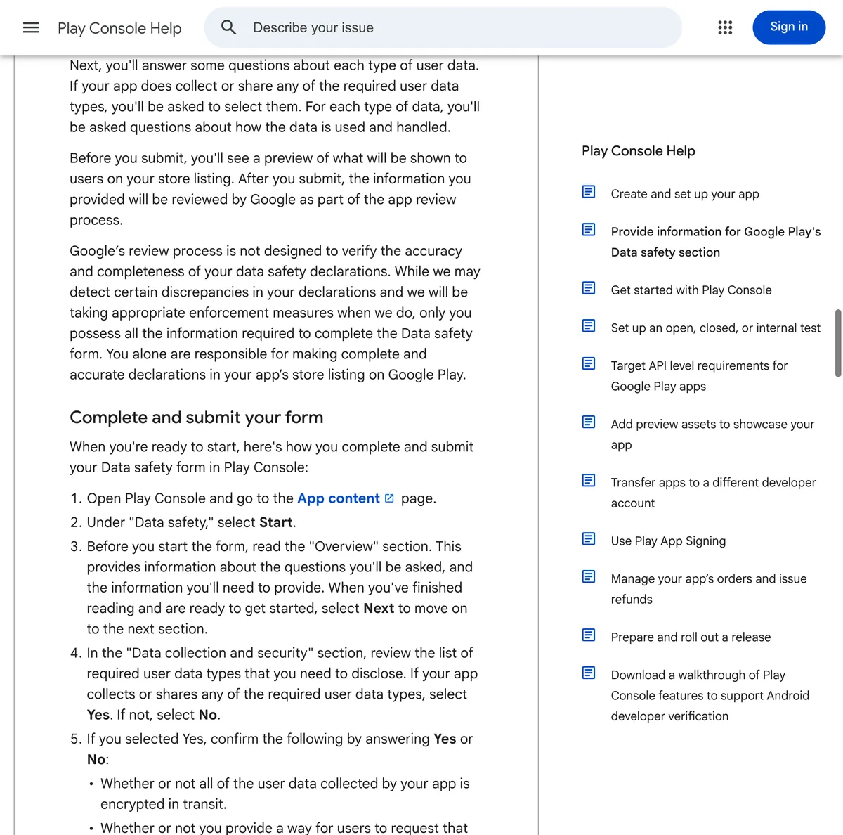 Complete the Data safety form under App content