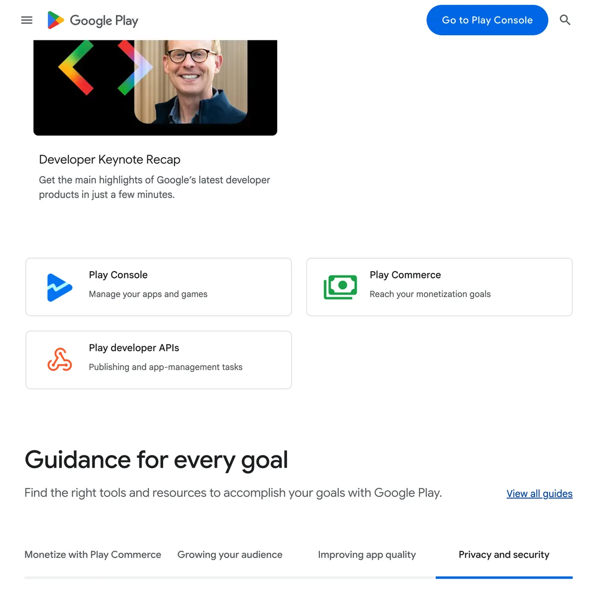 Privacy and security section in Play Console guidance
