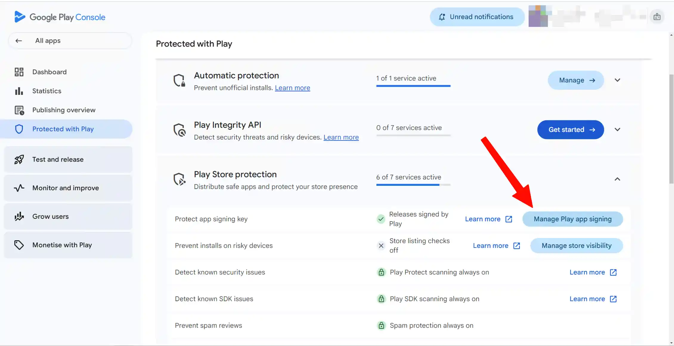 Placeholder: Manage Play App Signing button in Play Console