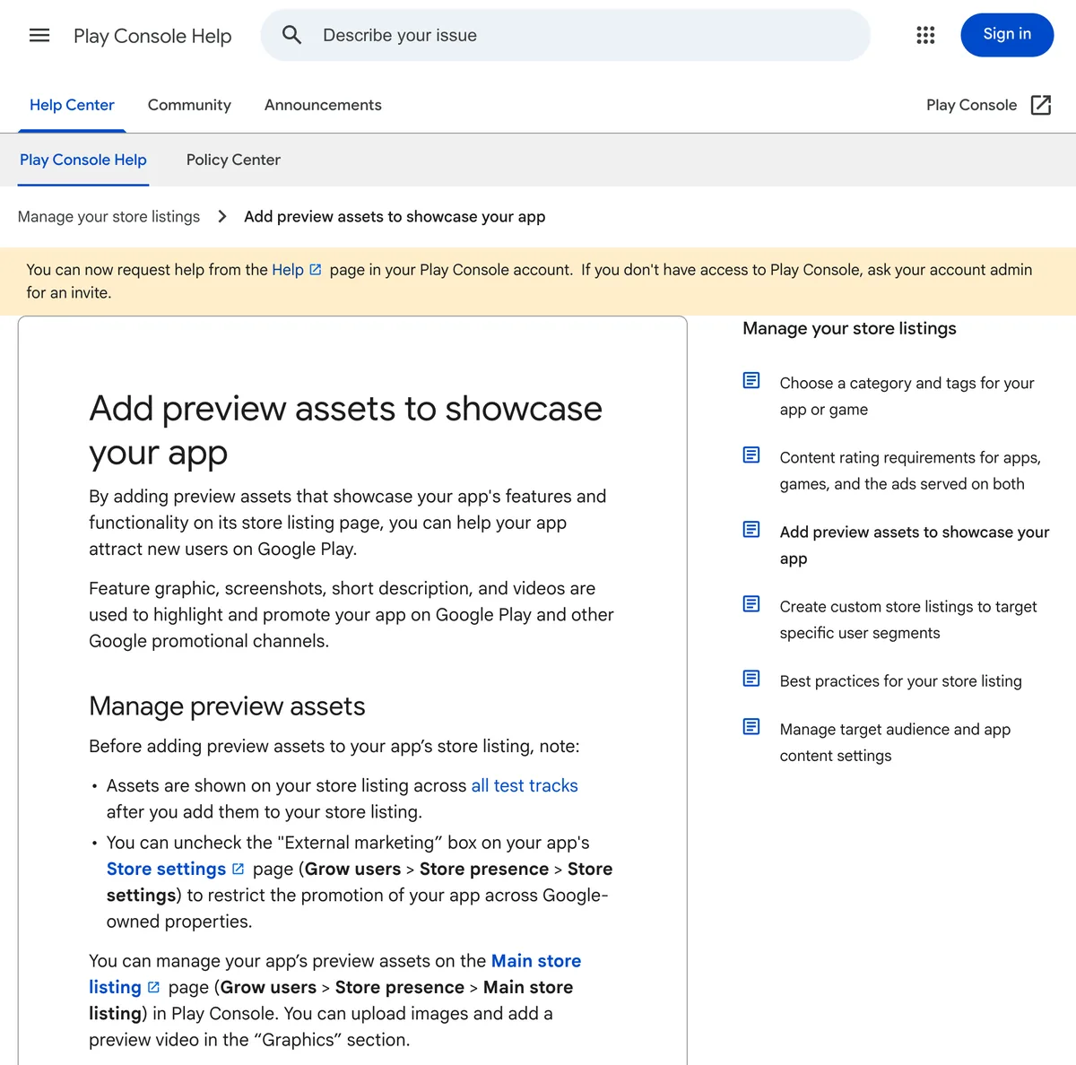 Manage preview assets on the Main store listing page