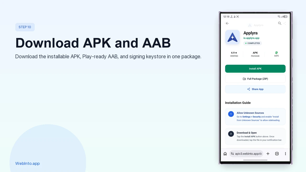 Download APK, AAB, and keystore JKS package from WebInto.app build screen