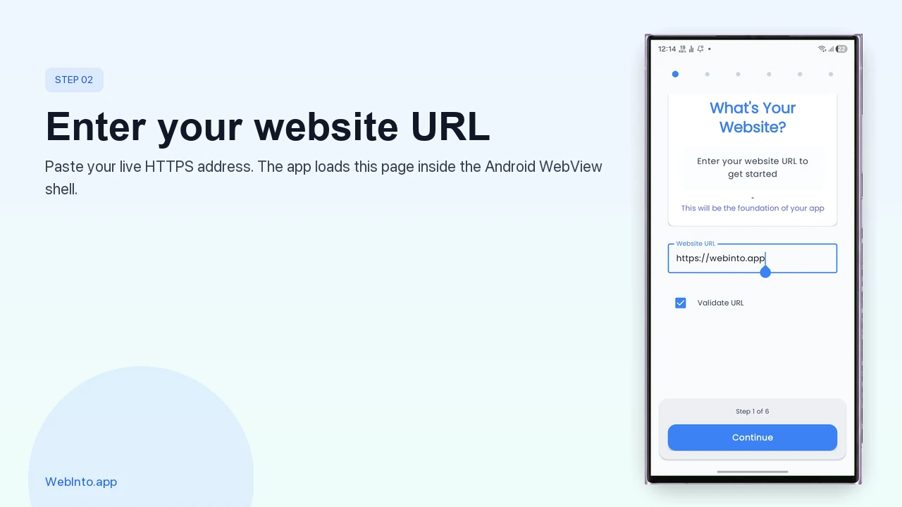 Enter website URL in WebInto.app creation wizard step one