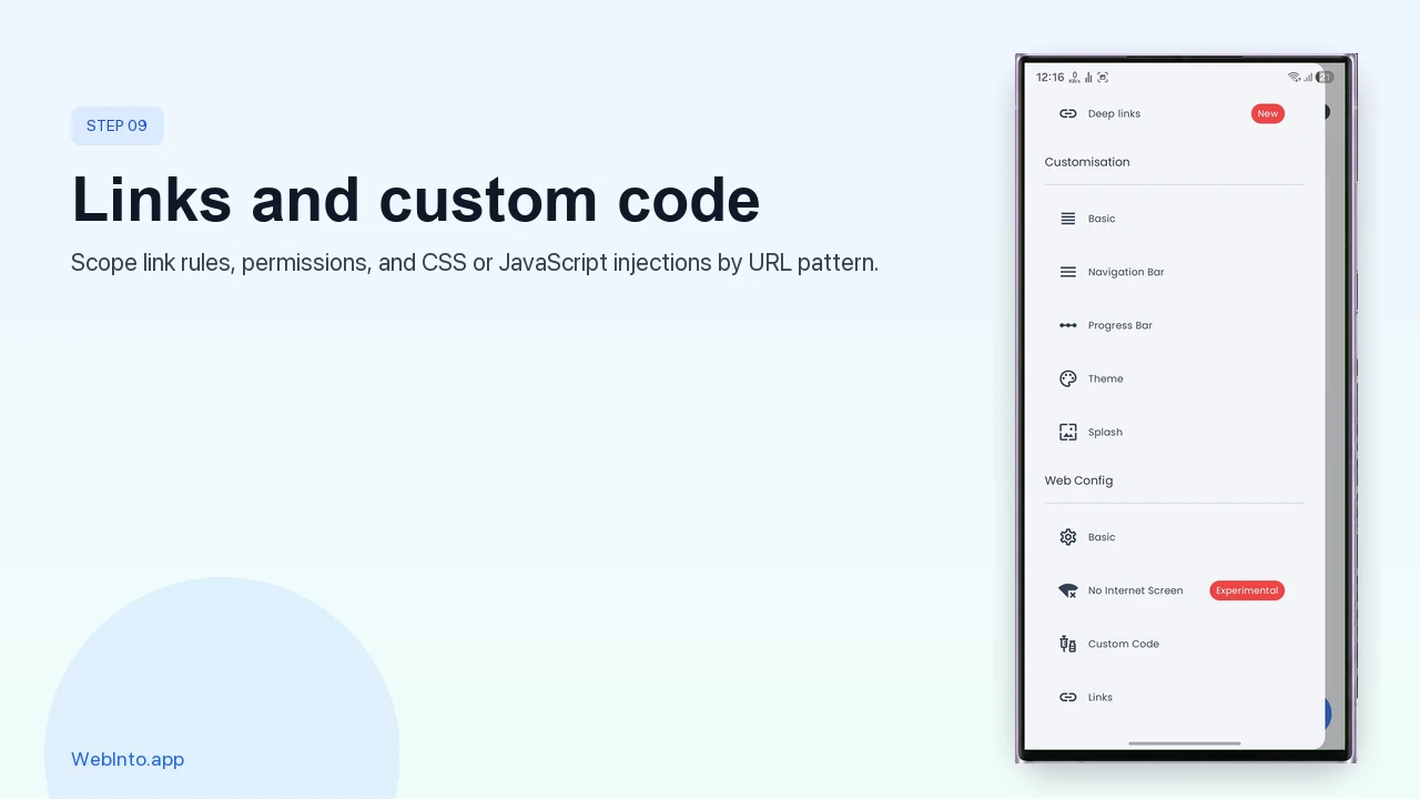 WebInto.app edit app screen for links, permissions, and custom CSS or JavaScript