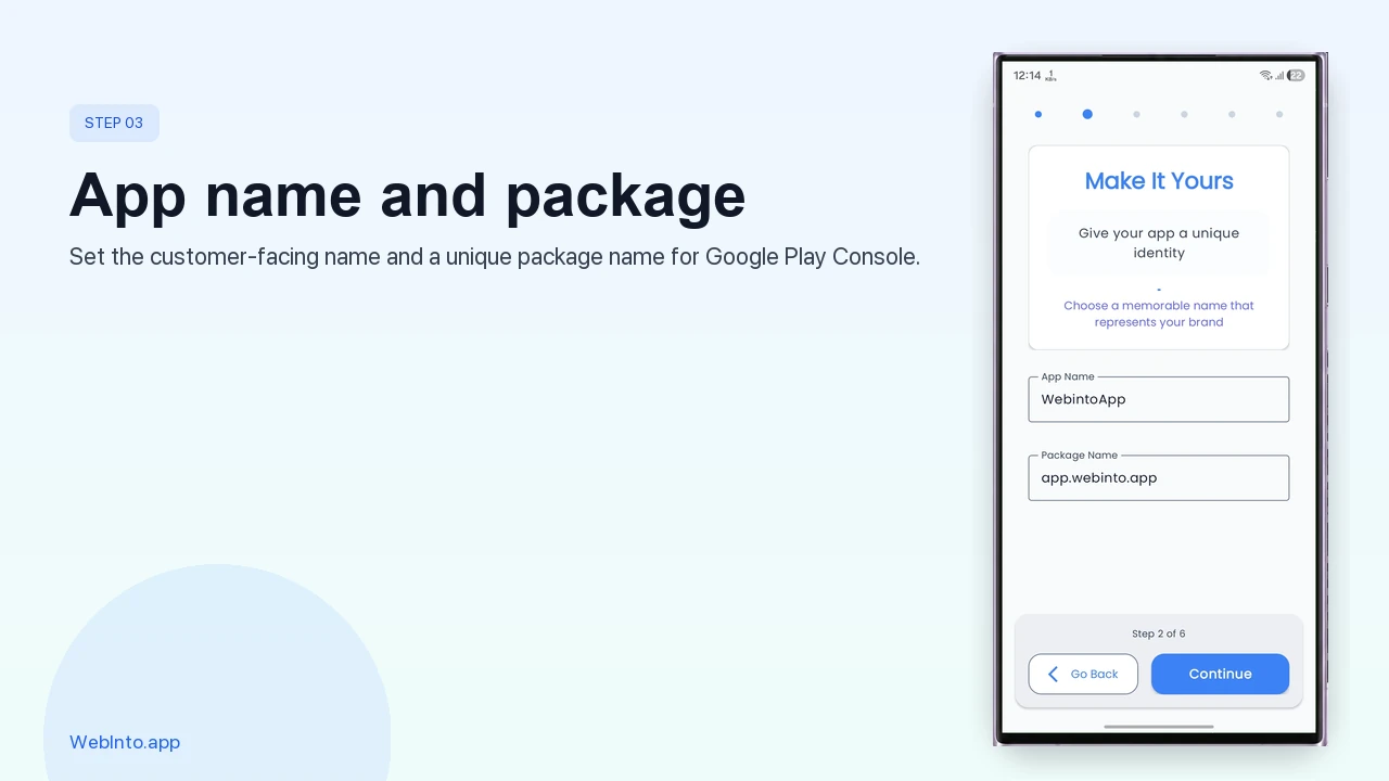 Set app name and package name in WebInto.app wizard
