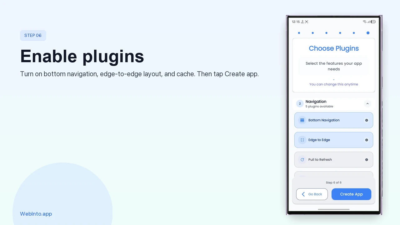 Enable bottom navigation, edge-to-edge, and cache plugins in WebInto.app