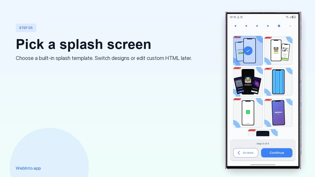 Choose a splash screen template in WebInto.app app builder