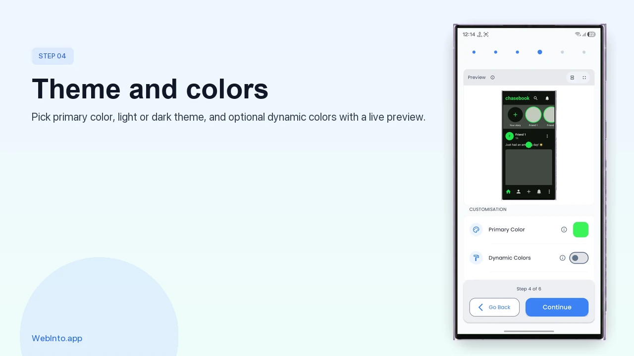 Pick primary color, theme mode, and dynamic colors in WebInto.app customization step