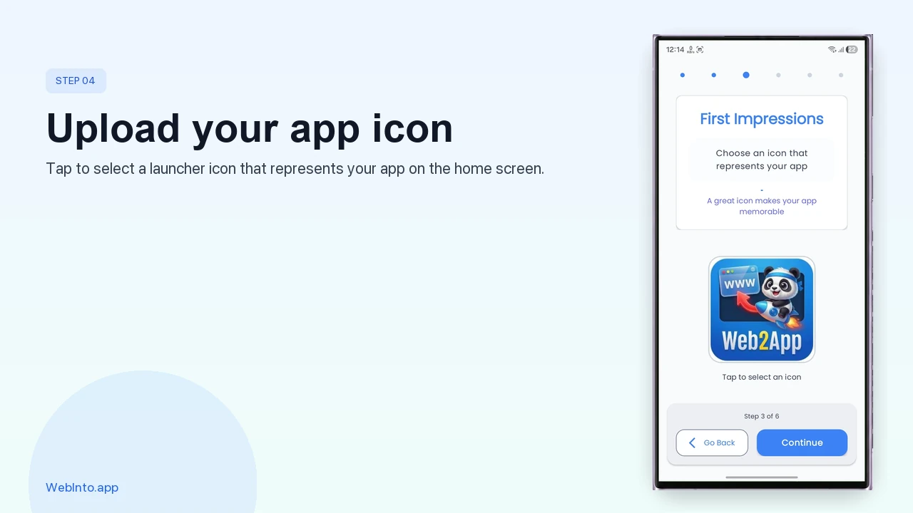Upload app icon in WebInto.app First Impressions wizard step